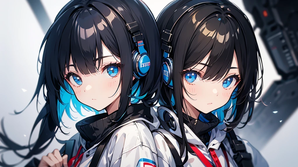 Girl wearing headphones。Black Hair。