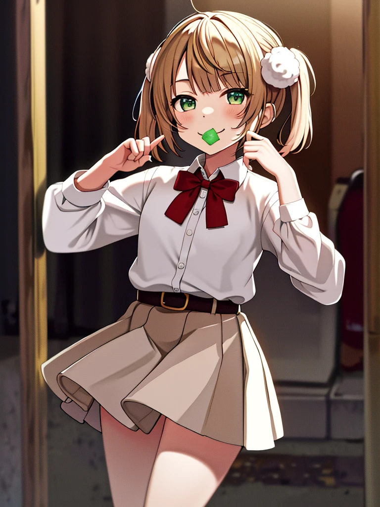 masterpiece, Highest quality, High resolution, ui3, (Chibi/Lori)One girl, alone, Green Eyes, Pom-pom \(Clothes\), Apron dress, White shirt, White socks,Jumper skirt、 Long sleeve, Dilapidated, short hair, belt, Red bow tie, bangs, , 青いClothes, Collared shirt, Cowboy Shot、Condom in mouth、A defiant smile、Pitch-black back alleys