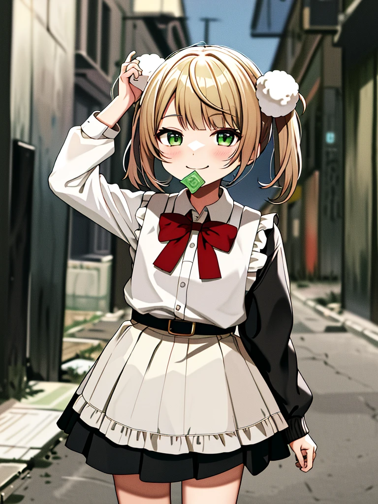 masterpiece, Highest quality, High resolution, ui3, (Chibi/Lori)One girl, alone, Green Eyes, Pom-pom \(Clothes\), Apron dress, White shirt, White socks,Jumper skirt、 Long sleeve, Dilapidated, short hair, belt, Red bow tie, bangs, , 青いClothes, Collared shirt, Cowboy Shot、Condom in mouth、A defiant smile、Pitch-black back alleys
