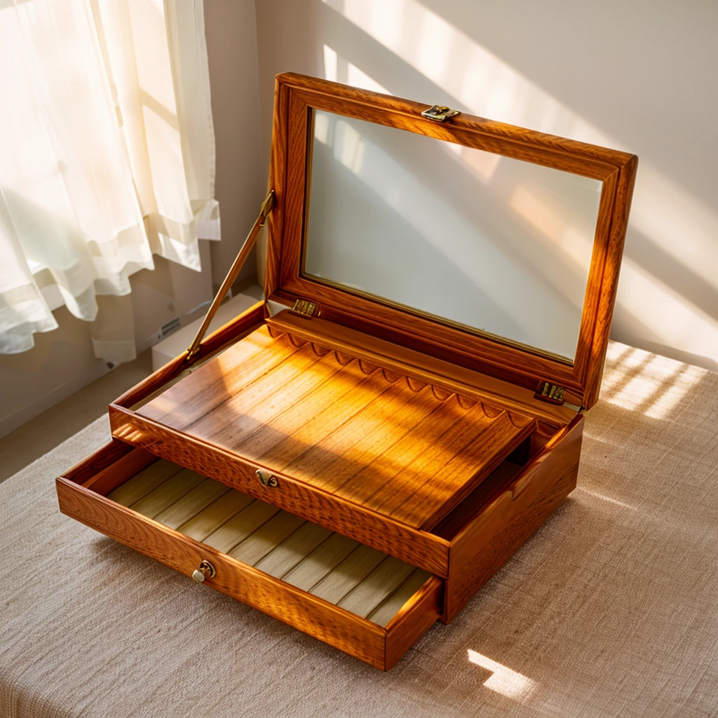In this cozy room,A ray of sunlight shone through the half-drawn curtains on the table,Let the wood grain on the watch storage box shine with a faint luster。There was a calm and peaceful atmosphere in the air around them。There are several still lifes hanging on the walls of the room,It adds a touch of elegance to the space。And on the other side of the room,The half-open window lets in the breeze,The pages on the small desk by the window turned in the wind,This quiet scene gives a sense of tranquility and comfort。