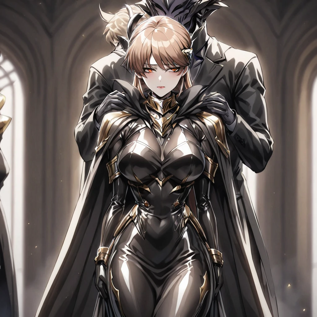 ((Highest quality)), ((masterpiece)), (detailed), （Perfect Face）、The woman is Princess Leona, with medium-long light brown hair, wearing a shiny, flashy, sexy, revealing black dress bodysuit, an open-front skirt, a cape, a headgear, lipstick and makeup, and is an evil female executive who is standing next to a man who is the dignified boss of an evil organization.、Women are brainwashed, expressionless, and have no highlights in their eyes.、The woman is being held close by the powerful boss of an evil organization.、A strong male boss of an evil organization is embracing a woman, kissing her and showing her affection.