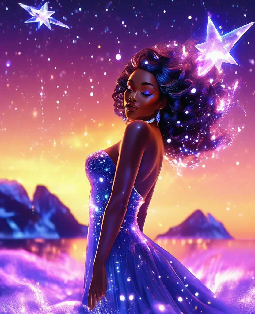 A luminous black woman formed entirely of radiant, twinkling stars, suspended in the celestial expanse, draped in a flowing, ethereal gown that undulates with a life of its own. Her transparent, starry body glimmers with an otherworldly light, as if she is a living, breathing galaxy. The night sky surrounding her is set aglow with vibrant, dancing aurora borealis, which reflects perfectly on the calm, moonlit ocean below. Create a stunning, 32k, ultra HD, hyper-realistic image that captures the magic of this enchanting scene, with every star and sparkle shining bright.