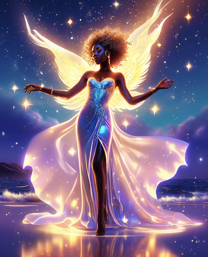 A luminous black woman formed entirely of radiant, twinkling stars, suspended in the celestial expanse, draped in a flowing, ethereal gown that undulates with a life of its own. Her transparent, starry body glimmers with an otherworldly light, as if she is a living, breathing galaxy. The night sky surrounding her is set aglow with vibrant, dancing aurora borealis, which reflects perfectly on the calm, moonlit ocean below. Create a stunning, 32k, ultra HD, hyper-realistic image that captures the magic of this enchanting scene, with every star and sparkle shining bright.