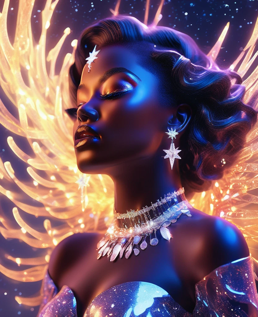A luminous black woman formed entirely of radiant, twinkling stars, suspended in the celestial expanse, draped in a flowing, ethereal gown that undulates with a life of its own. Her transparent, starry body glimmers with an otherworldly light, as if she is a living, breathing galaxy. The night sky surrounding her is set aglow with vibrant, dancing aurora borealis, which reflects perfectly on the calm, moonlit ocean below. Create a stunning, 32k, ultra HD, hyper-realistic image that captures the magic of this enchanting scene, with every star and sparkle shining bright.