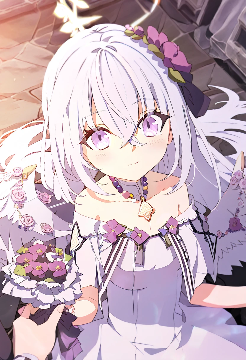 azusa \(blue archive\),1girl 1other alternate_costume angel_wings bare_shoulders blush bouquet breasts bridal_veil bride cleavage closed_mouth collarbone dress feathered_wings flower hair_between_eyes halo holding holding_bouquet jewelry long_hair looking_at_viewer medium_breasts necklace out_of_frame pink_flower pink_rose pov pov_hands purple_eyes rose solo_focus strapless strapless_dress veil very_long_hair wedding_dress white_dress white_flower white_hair white_rose white_wings wings small_breasts smile close_eyes