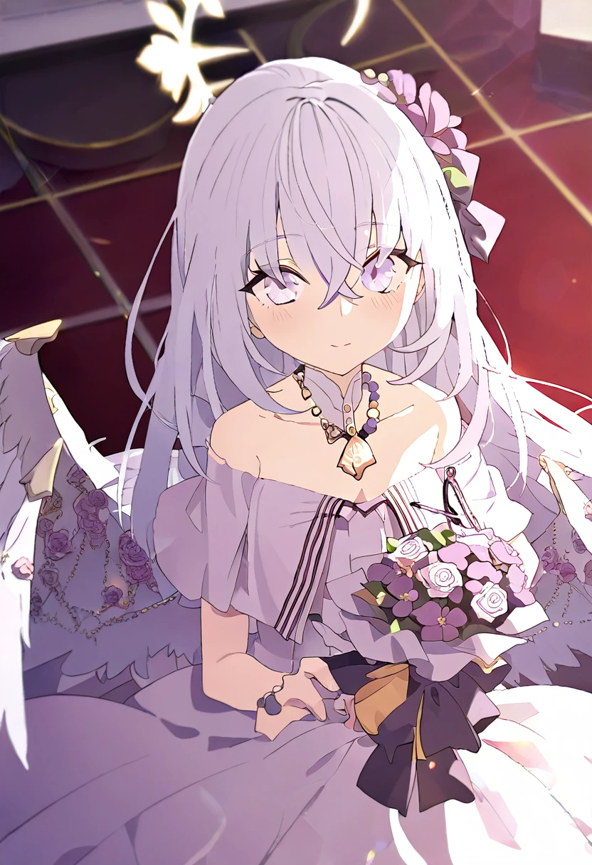 azusa \(blue archive\),1girl 1other alternate_costume angel_wings bare_shoulders blush bouquet breasts bridal_veil bride cleavage closed_mouth collarbone dress feathered_wings flower hair_between_eyes halo holding holding_bouquet jewelry long_hair looking_at_viewer medium_breasts necklace out_of_frame pink_flower pink_rose pov pov_hands purple_eyes rose solo_focus strapless strapless_dress veil very_long_hair wedding_dress white_dress white_flower white_hair white_rose white_wings wings small_breasts smile close_eyes