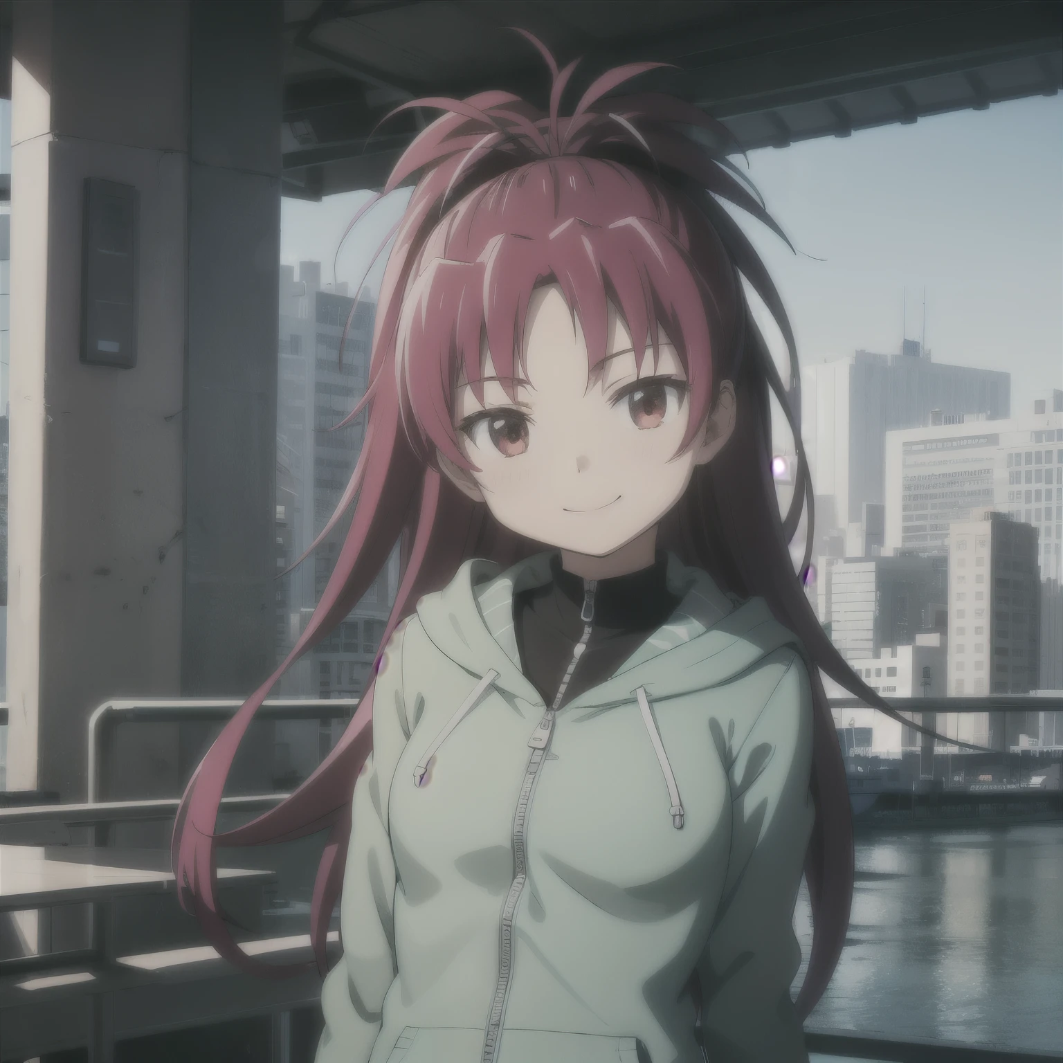 ((masterpiece)),(best quality),official art,extremely detailed CG,unity 8k wallpaper,ultra detailed,beautiful detailed eyes,extremely detailed face,city,1girl,solo,upper body,looking at viewer,facing viewer,smile,antenna hair,long_hair,red_hair,hair_bow,high_ponytail,sidelocks,bangs,red_eyes,light green hoodie,small breasts,denim_shorts,fur-trimmed shorts,boots,black footwear,