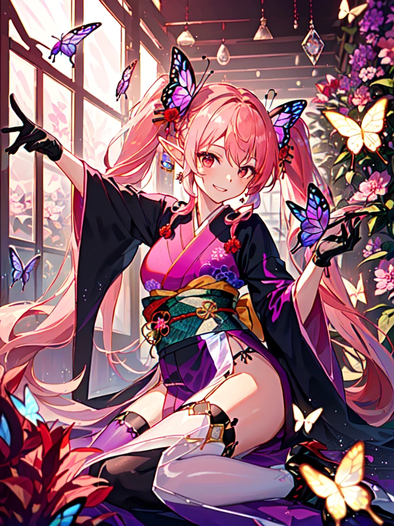 a greenhouse,(((All are made of glass))),(((crystal))),Super exquisite art,Lighting effects,neon light,best picture
(a girl,half elf,((long pink hair)),long twintails,red eyes,Smile,butterfly hair accessories,((Black and purple kimono)),Beautiful and exquisite waist protector,gloss effect,Red gloves,red knee socks,dynamic poses)