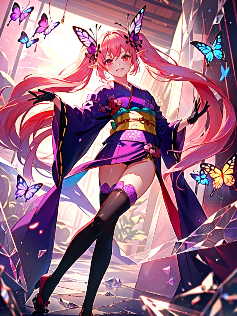 a greenhouse，(((All are made of glass)))，(((crystal)))，Super exquisite art，Lighting effects，neon light，best picture
(a girl，half elf，((long pink hair))，long twintails，red eyes，Smile，butterfly hair accessories，((Black and purple kimono))，Beautiful and exquisite waist protector，gloss effect，Red gloves，red knee socks，dynamic poses)