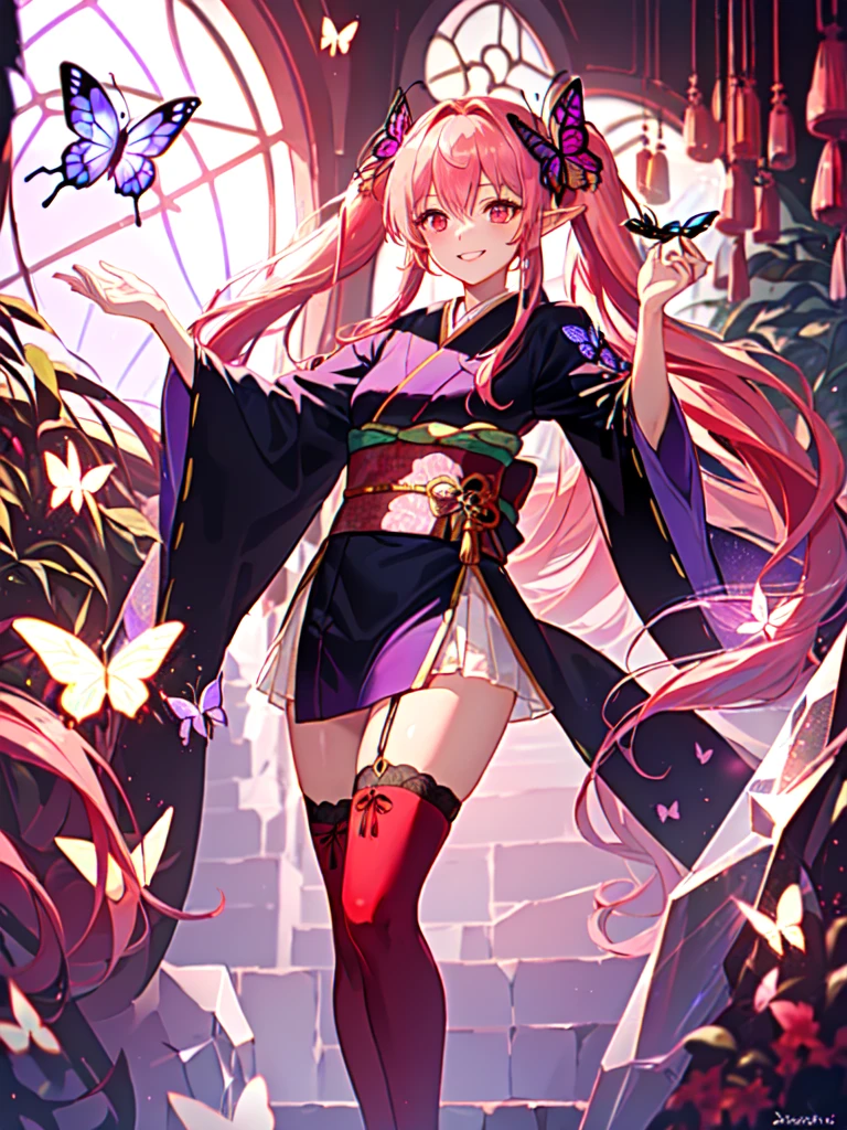 a greenhouse,(((All are made of glass))),(((crystal))),Super exquisite art,Lighting effects,neon light,best picture
(a girl,half elf,((long pink hair)),long twintails,red eyes,Smile,butterfly hair accessories,((Black and purple kimono)),Beautiful and exquisite waist protector,gloss effect,Red gloves,red knee socks,dynamic poses)