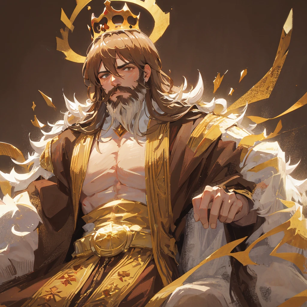 A medieval king,male,Beard,mighty,Wearing a crown,Brown Tone,((Plain brown background))