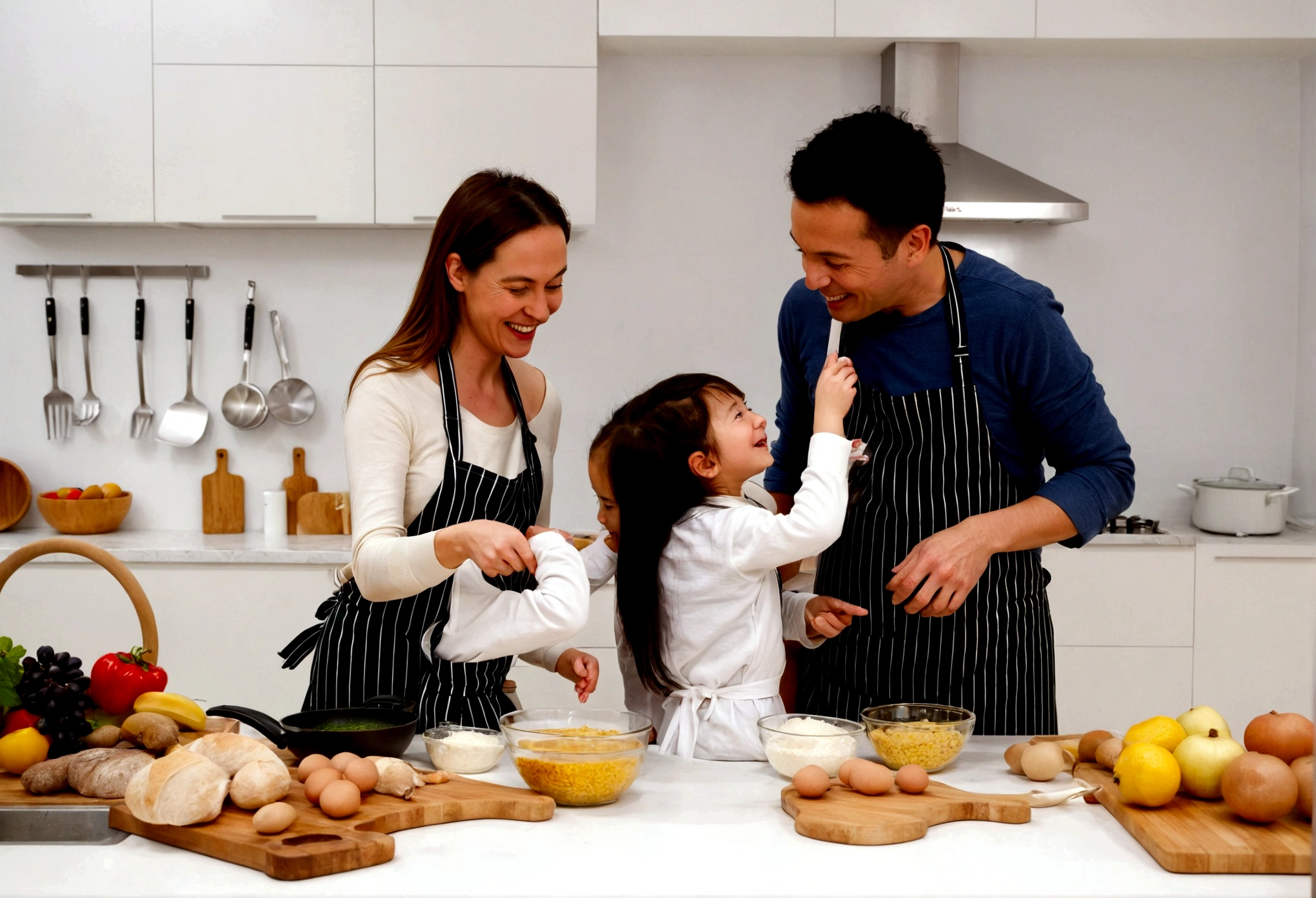 araffes and a woman and a are In the kitchen, cooking, Wearing an apron, In the kitchen里, photo, lifestyle, gourmet food, In the kitchen, French, , cooking show, happy , Husband, wife, son, children, European, shutter, healthy, photography, 营销photo, Mixed Art, Warm and convivial atmosphere