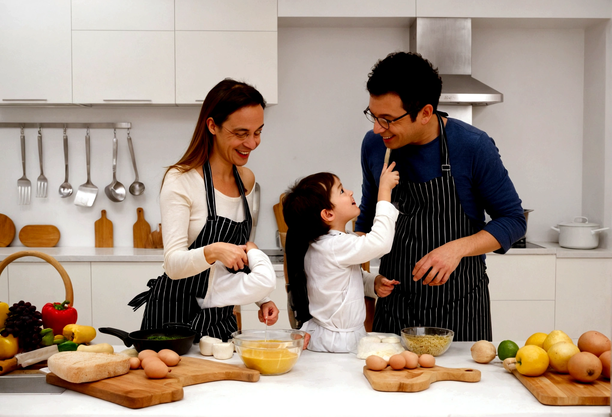 araffes and a woman and a are In the kitchen, cooking, Wearing an apron, In the kitchen里, photo, lifestyle, gourmet food, In the kitchen, French, , cooking show, happy , Husband, wife, son, children, European, shutter, healthy, photography, 营销photo, Mixed Art, Warm and convivial atmosphere