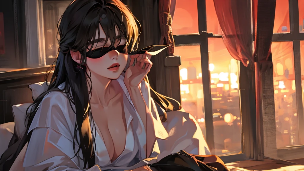 Blindfold, robe, long hair