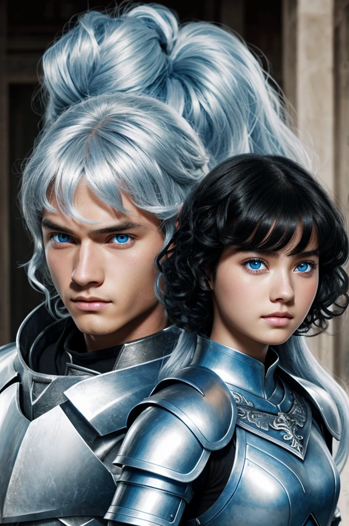 screenshot berserk girl short black hair age 21 light blue eyes with silver armor bow in black hair and white skin accompanied by a white skinned boy light blue eyes and long curly white hair