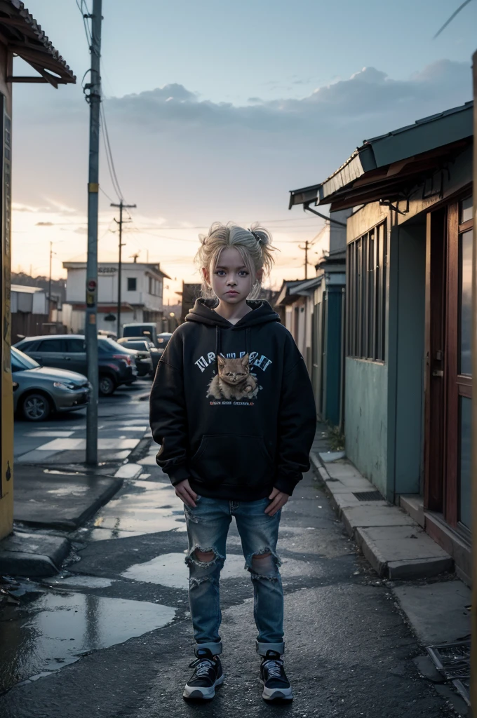 Best Quality, detailed, hyper detailed, beautiful, 8k, absurdities, on the street, a poor kitten, sad, standing, mirando On the right, yellow hair blue eyes, Chibi, chubby, torn and old sweatshirt, Ripped jeans, 5 years old, inside an ugly and poor house, latin american style, cholo style, Fancy, photorealistic, ultra realistic photo, 3D rendering, anthropomorphism, full body shot, On the right, wide view, rule of thirds, average, bright lights, dramatic lighting, volumetric lighting, dramatic contrast, darkgoldrod