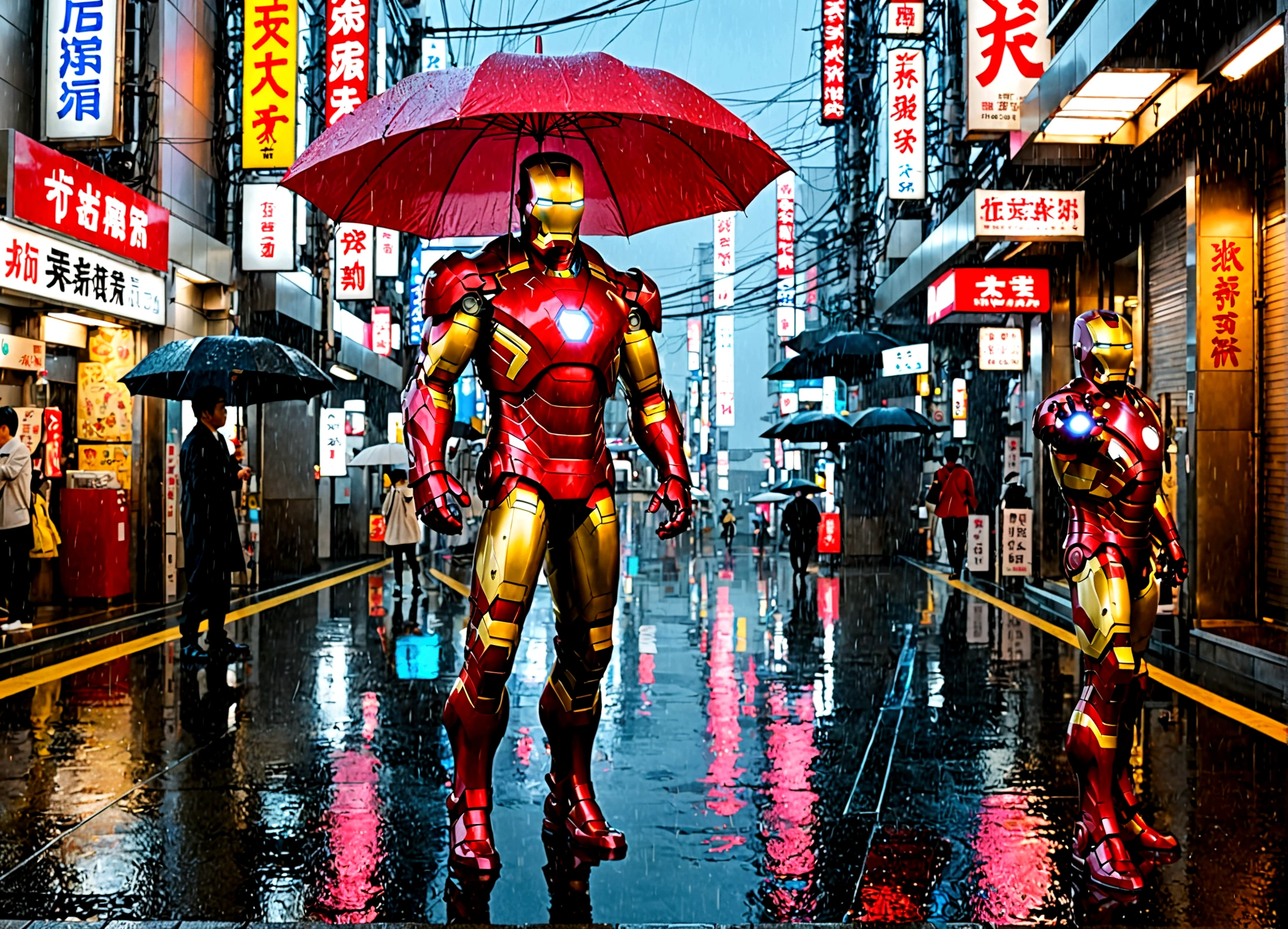 Iron Man has deployed a high hi-tech neon lit umbrella from his armor. Incredibly heavy rain. downtown tokyo