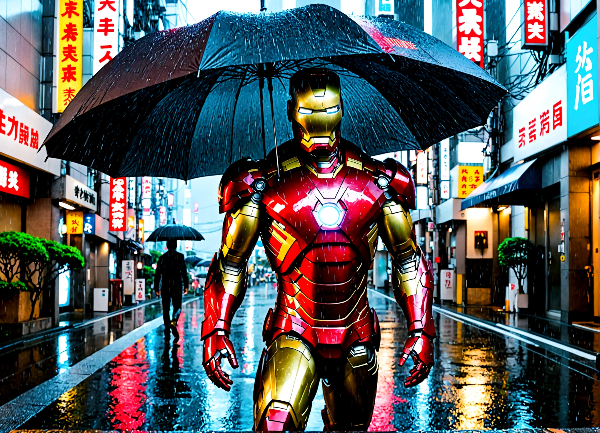 Iron Man has deployed a high hi-tech neon lit umbrella from his armor. Incredibly heavy rain. downtown tokyo
