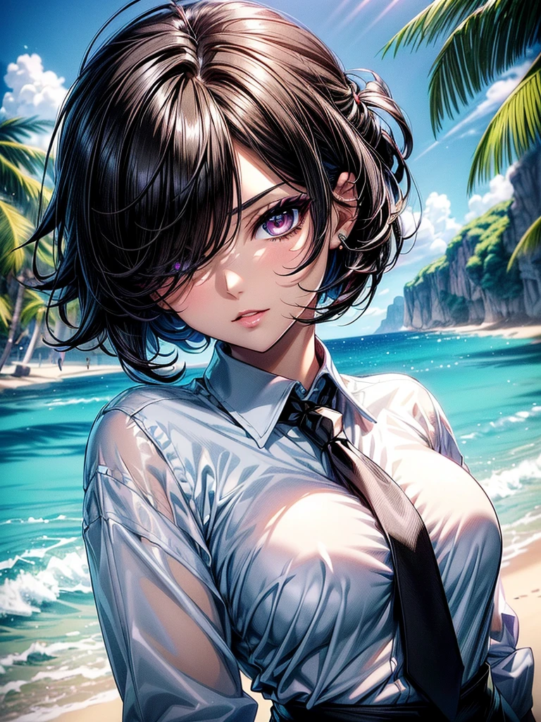 (masterpiece)(8k)(cute)(25-year old woman)(facial close-up:1.2)(1girl:1.5)(solo:1.8)(wild hair:1.3)(short hair:1.3)(black brown hair)(shiny hair:1.2)(hair over one eye:1.5)(hairbun:1.2)(flat chest:1.3)(black pupils:1.4)(glossy skin:1.4)(glossy lips)(dark, glossy eye-shadow:1.5)(dark eyelashes:1.4)(white office shirt:1.6)(long black necktie:1.4)(piercing:1.2)(seductive pose:1.3)(ocean)(palm trees)(beach)(colorful sky:1.3) rossdraws pastel vibrant, rossdraws cartoon vibrant, style anime 8k, beautiful portrait, artgerm colorful!!!, ! dream artgerm, beautiful anime girl, styled digital art, art wallpaper 8k, digital art, extremely detailed artgerm,