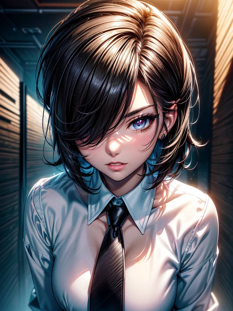(masterpiece)(8k)(cute)(25-year old woman)(facial close-up:1.2)(1girl:1.5)(solo:1.8)(wild hair:1.3)(short hair:1.3)(black brown hair)(shiny hair:1.2)(hair over one eye:1.5)(hairbun:1.2)(flat chest:1.3)(black pupils:1.4)(glossy skin:1.4)(glossy lips)(dark, glossy eye-shadow:1.5)(dark eyelashes:1.4)(white office shirt:1.6)(long black necktie:1.4)(piercing:1.2)(seductive pose:1.3)(ocean)(palm trees)(beach)(colorful sky:1.3) rossdraws pastel vibrant, rossdraws cartoon vibrant, style anime 8k, beautiful portrait, artgerm colorful!!!, ! dream artgerm, beautiful anime girl, styled digital art, art wallpaper 8k, digital art, extremely detailed artgerm,