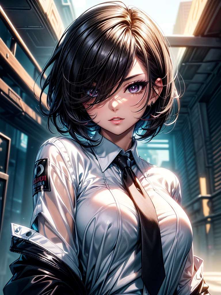 (masterpiece)(8k)(cute)(25-year old woman)(facial close-up:1.2)(1girl:1.5)(solo:1.8)(wild hair:1.3)(short hair:1.3)(black brown hair)(shiny hair:1.2)(hair over one eye:1.5)(hairbun:1.2)(flat chest:1.3)(black pupils:1.4)(glossy skin:1.4)(glossy lips)(dark, glossy eye-shadow:1.5)(dark eyelashes:1.4)(white office shirt:1.6)(long black necktie:1.4)(piercing:1.2)(seductive pose:1.3)(ocean)(palm trees)(beach)(colorful sky:1.3) rossdraws pastel vibrant, rossdraws cartoon vibrant, style anime 8k, beautiful portrait, artgerm colorful!!!, ! dream artgerm, beautiful anime girl, styled digital art, art wallpaper 8k, digital art, extremely detailed artgerm,