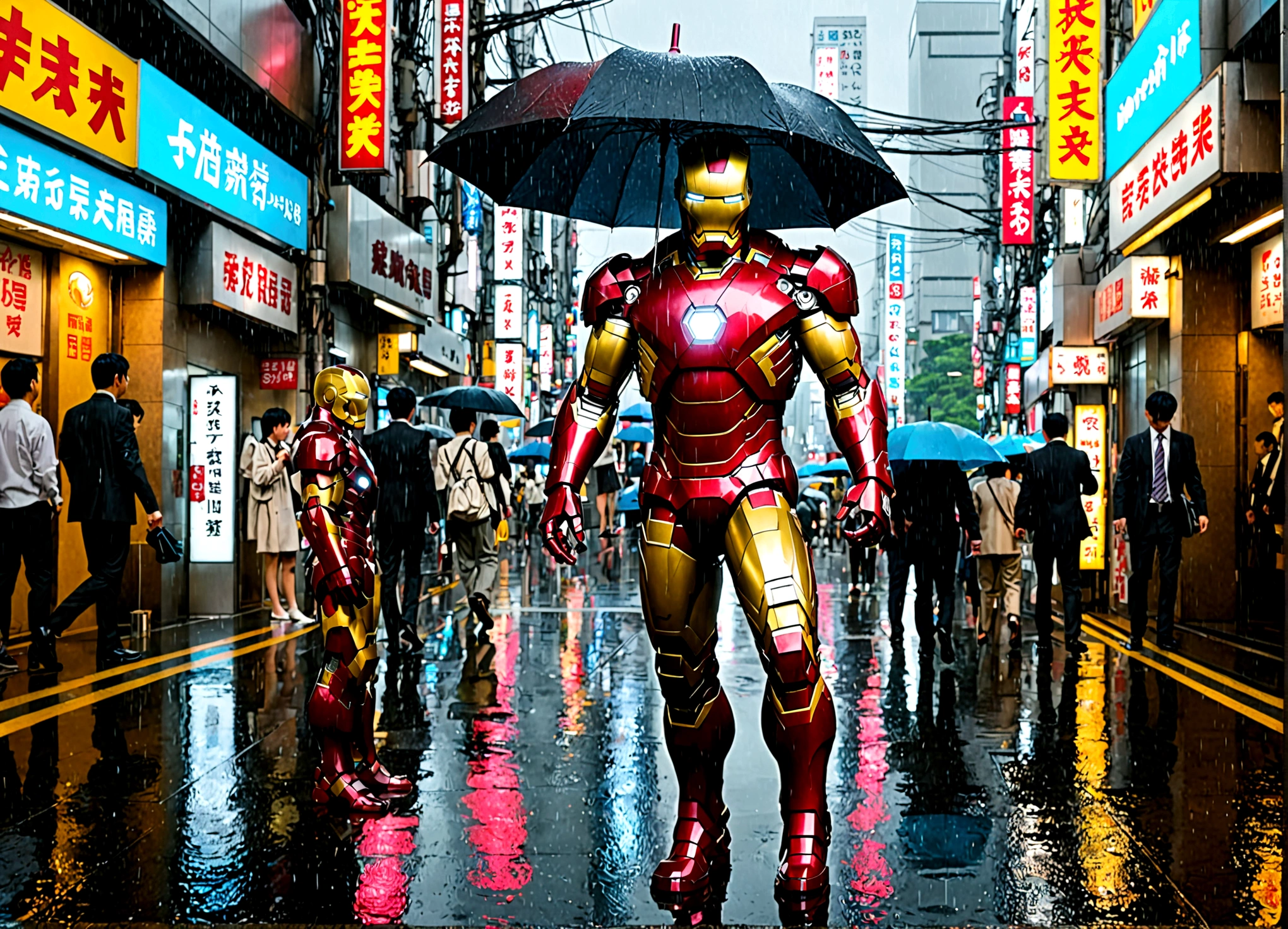 Iron Man has deployed a high hi-tech neon lit umbrella from his armor. Incredibly heavy rain. downtown tokyo