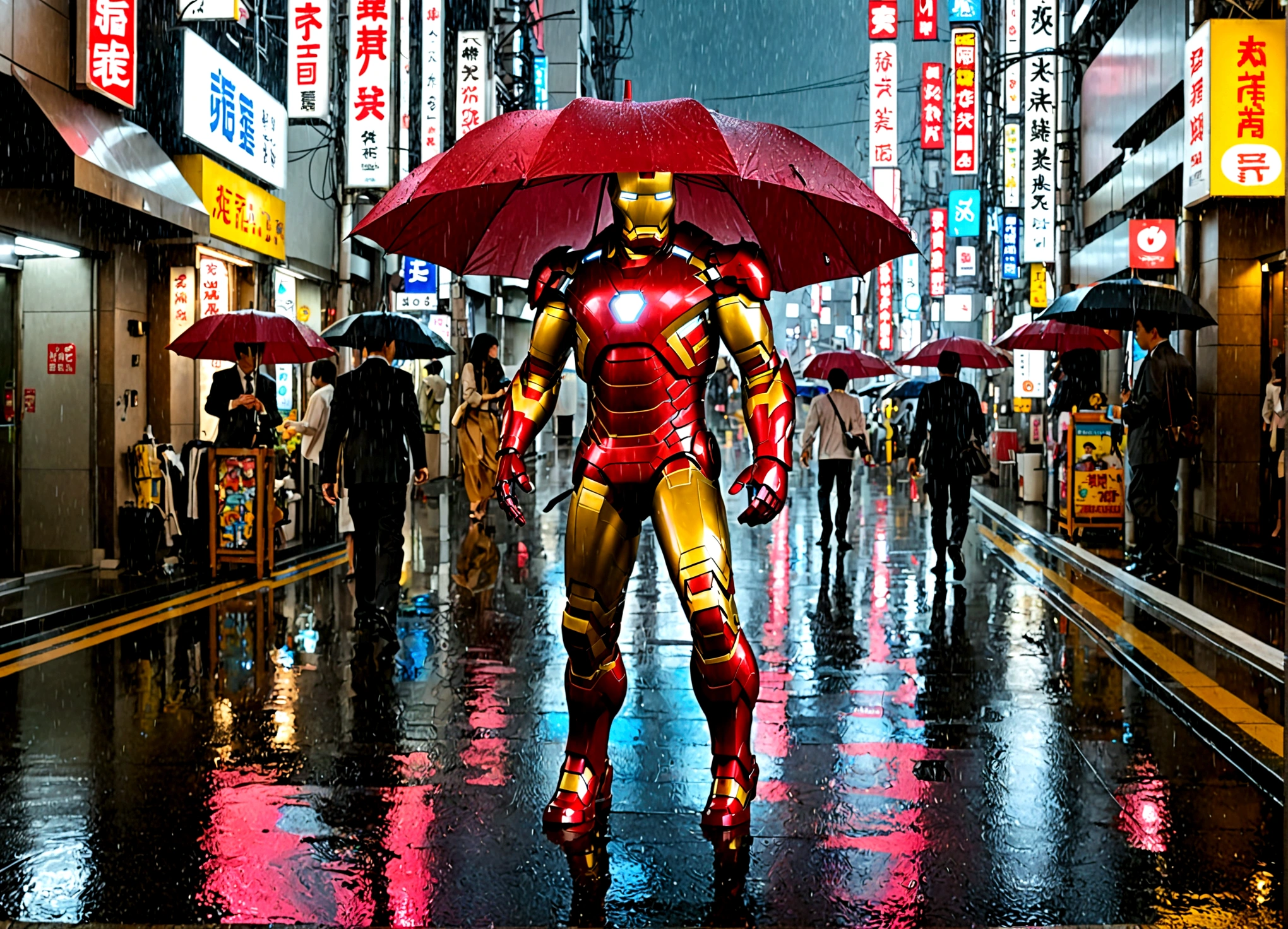 Iron Man has deployed a high hi-tech neon lit umbrella from his armor. Incredibly heavy rain. downtown tokyo
