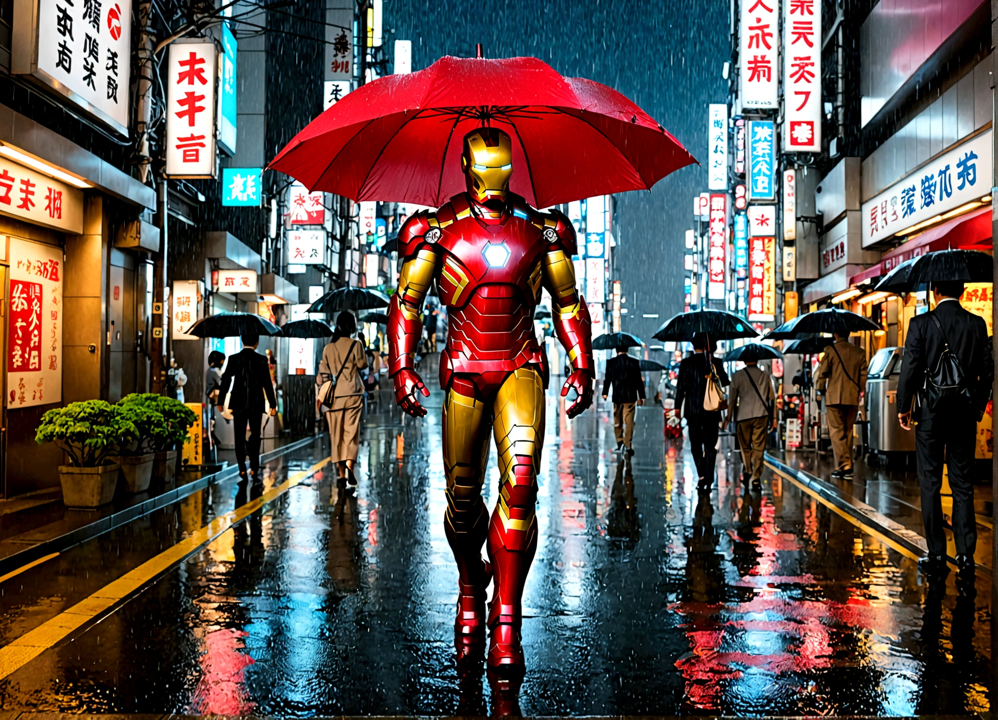 Iron Man has deployed a high hi-tech neon lit umbrella from his armor. Incredibly heavy rain. downtown tokyo
