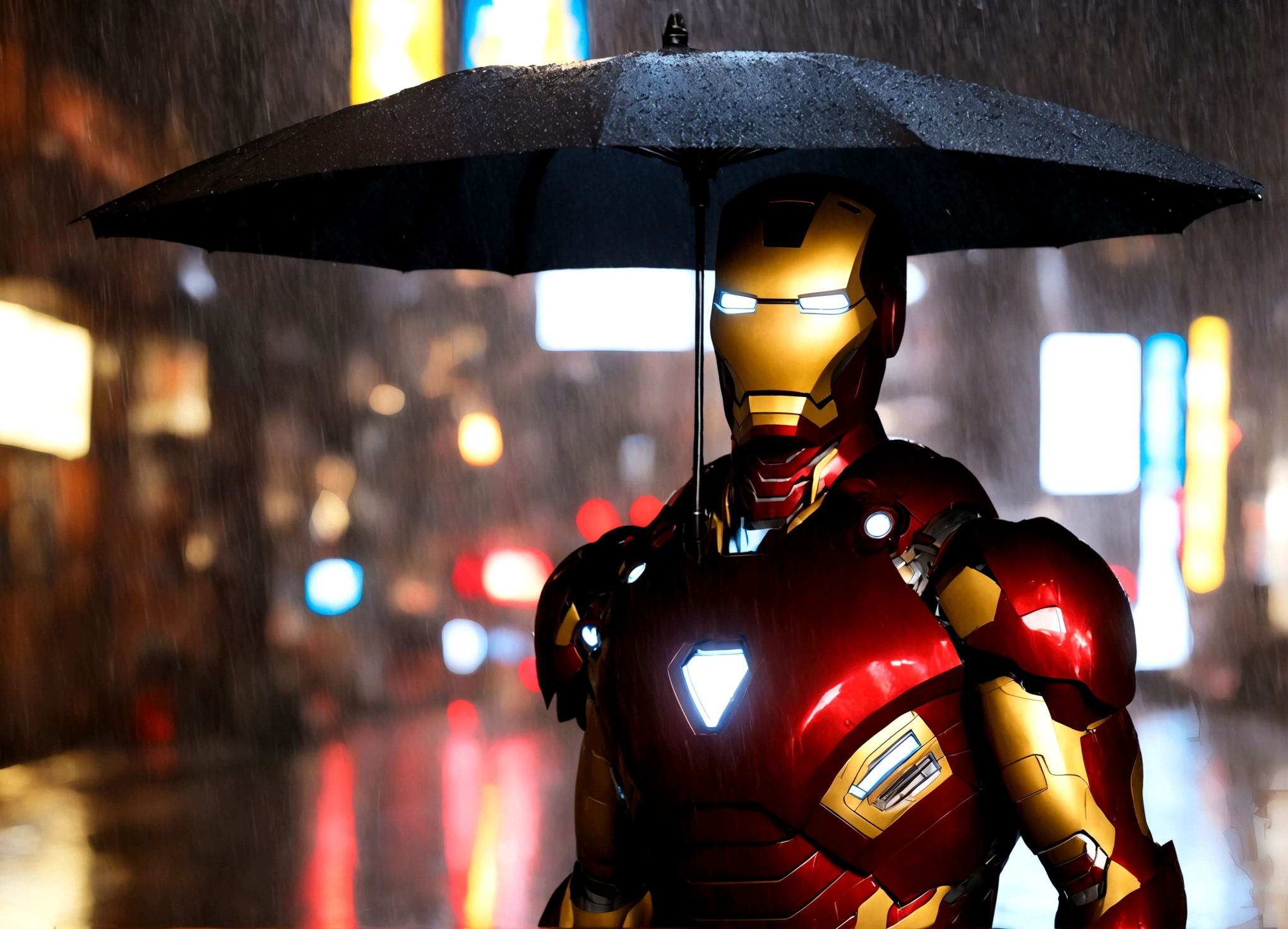 Iron Man has deployed a high hi-tech neon lit umbrella from his armor. Incredibly heavy rain. downtown tokyo