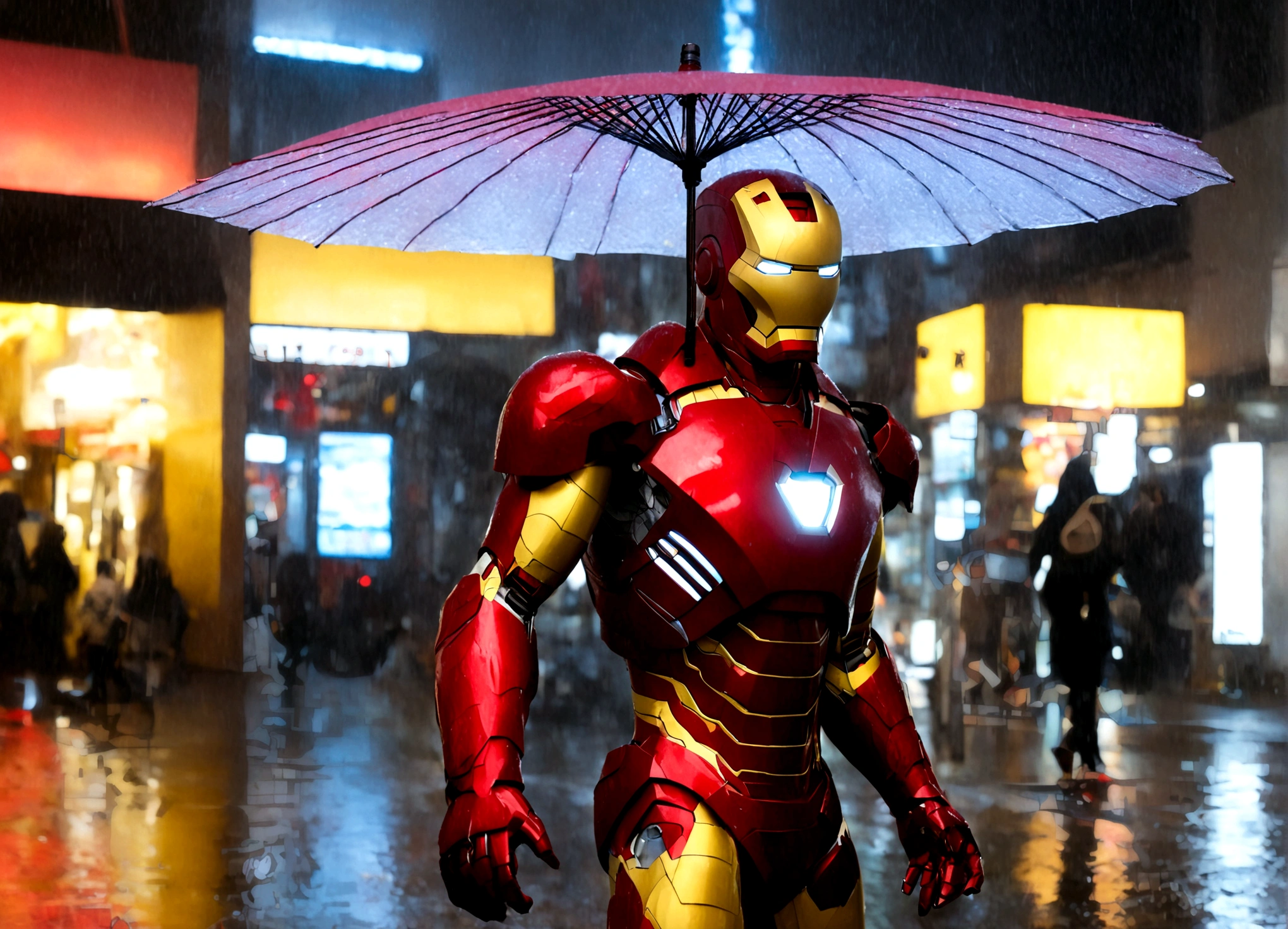 Iron Man has deployed a high hi-tech neon lit umbrella from his armor. Incredibly heavy rain. downtown tokyo