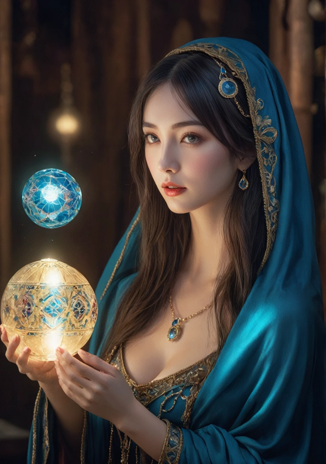 Body orientation: frontal. Looking straight at us. Female fortune teller. Charming, beautiful and mysterious. She wears a blue cloak and has a clear face. Bright and glittering, full of anxiety and anticipation. The fortune teller is standing. He holds a crystal ball in both hands. The lighting in the room is bright, creating a fantastic atmosphere. Best picture quality, 4K or 8K resolution. The level of detail is very fine and realistic, almost photorealistic. Artistic style should reflect the aesthetic of the formula with bright colors and strong contrasts. The color palette should emphasize the mysterious and mystical theme of the piece. The fortune teller's cloak is embellished with metal trim and intricate designs with a thickness ratio of 1.5. The overall atmosphere is starry and magical. The expression on the fortune teller's face should arouse mystical interest.