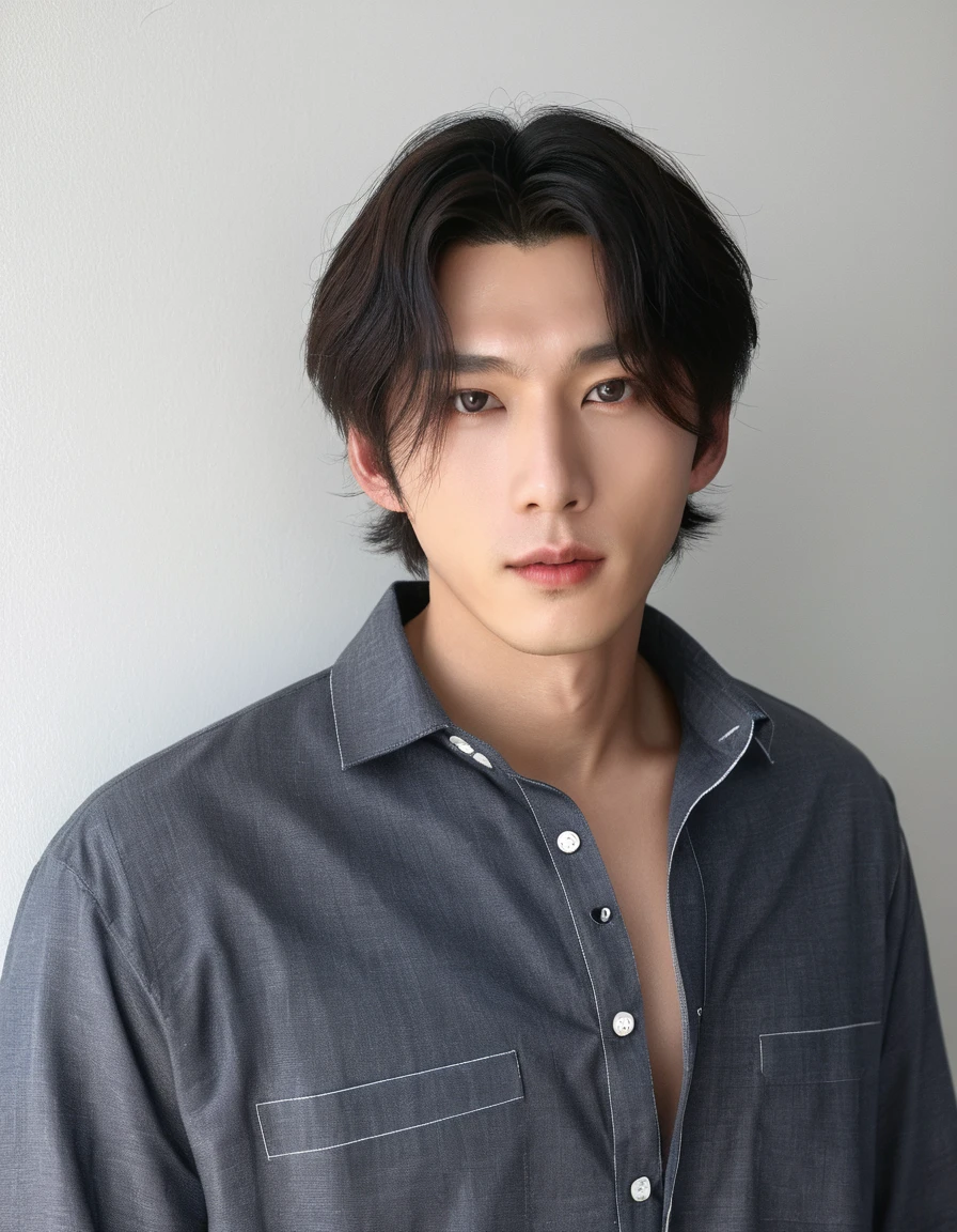 Best Quality, 8k, Masterpiece, (Portrait: 1.3), (photo realistic:1.4), (hyper realistic:1.4), Sharp Focus, looking at viewer, (smoother lighting:1.1), (increase cinematic lighting quality:0.9), realistic lighting, backlighting, light on face, ray trace, (brightening light:1.2), (Increase quality:1.4), sharp detail, (best quality real texture skin:1.4), finely detailed eyes, black_eyes, finely detailed face, 25 year old Korean man, (white formal_shirt:1.4), (Create an image maintaining the original base model hairstyle:1.5)