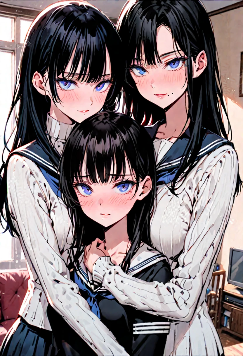living room, hugging. 2 girls, On one hand the mother: tall older woman with huge breasts, long wavy black hair, blue eyes, white ribbed turtleneck, mole under mouth, seductive smile. On another the daughter: short ager with medium breasts, shy, blush, young, serafuku, short black hair.