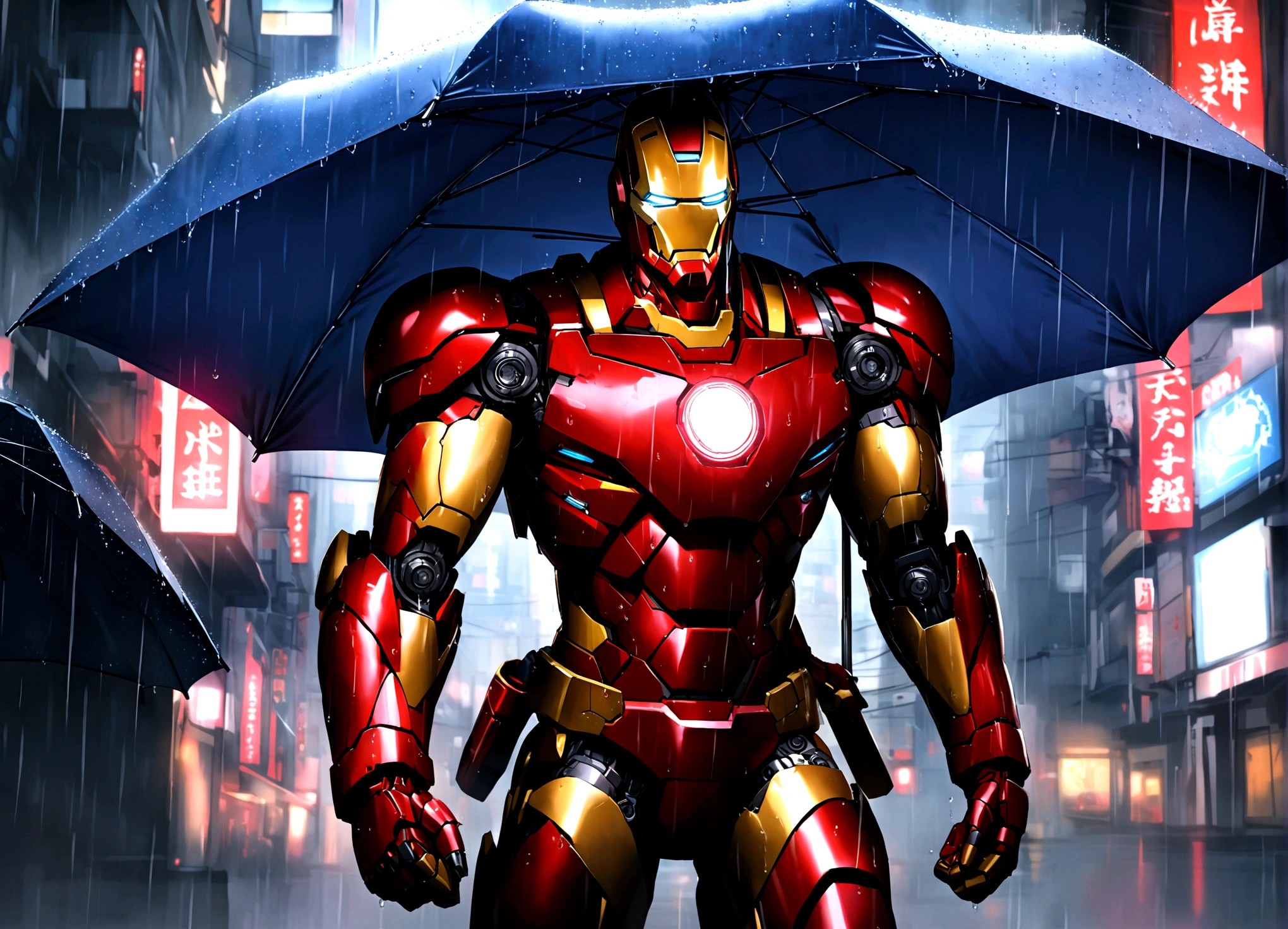Iron Man has deployed a high hi-tech neon lit umbrella from his armor. Incredibly heavy rain. downtown tokyo