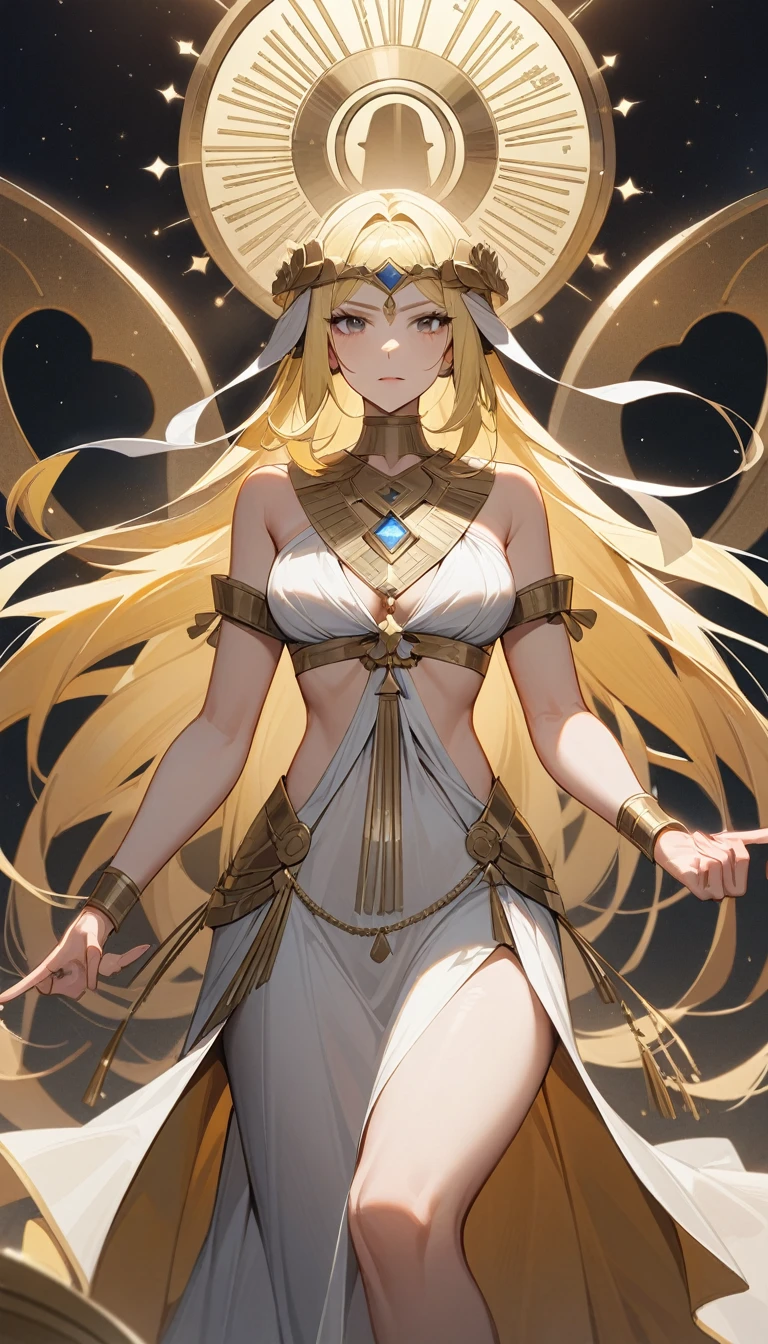 (Huang Li、high quality、Extremely detailed),Constellation - Libra goddess,Huge Libra,Woman holding a scale,Similar to Latin goodness,brave,capricious,Productivity,The face of enterprising and humanitarianism,Long yellow hair,Ancient Greek costumes、Wrap Dress,The background is the universe,Crystal black eyes(Eyes Details),Powerful appearance,Correct finger,Correct anatomy