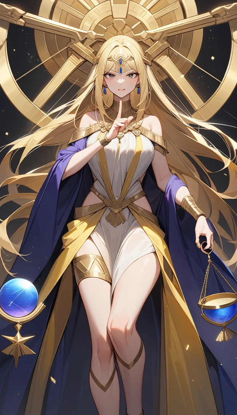 (Huang Li、high quality、Extremely detailed),Constellation - Libra goddess,Huge Libra,Woman holding a scale,Similar to Latin goodness,brave,capricious,Productivity,The face of enterprising and humanitarianism,Long yellow hair,Ancient Greek costumes、Wrap Dress,The background is the universe,Crystal black eyes(Eyes Details),Powerful appearance,Correct finger,Correct anatomy