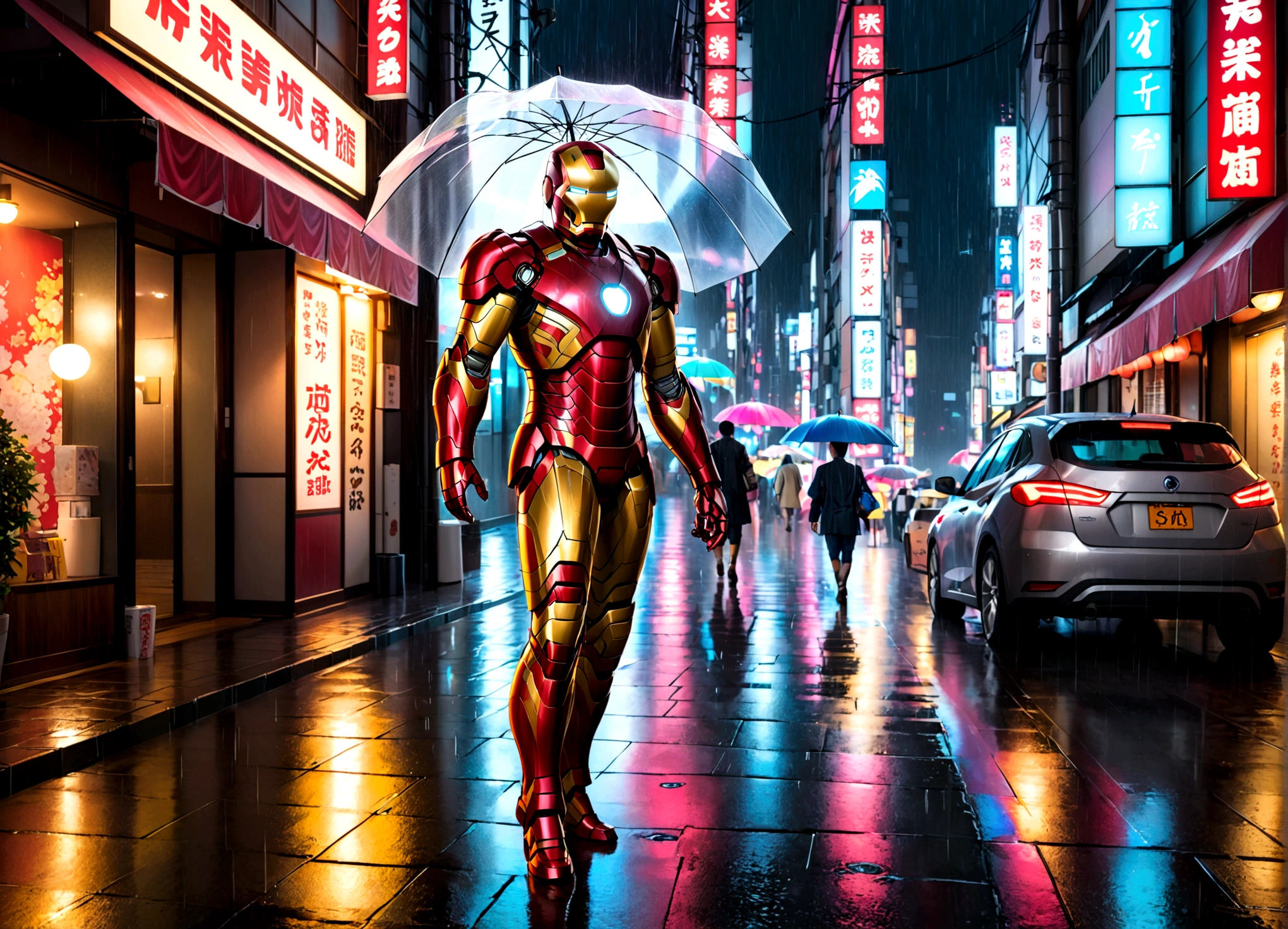 Iron Man has deployed a high hi-tech neon lit umbrella from his armor. Incredibly heavy rain. downtown tokyo