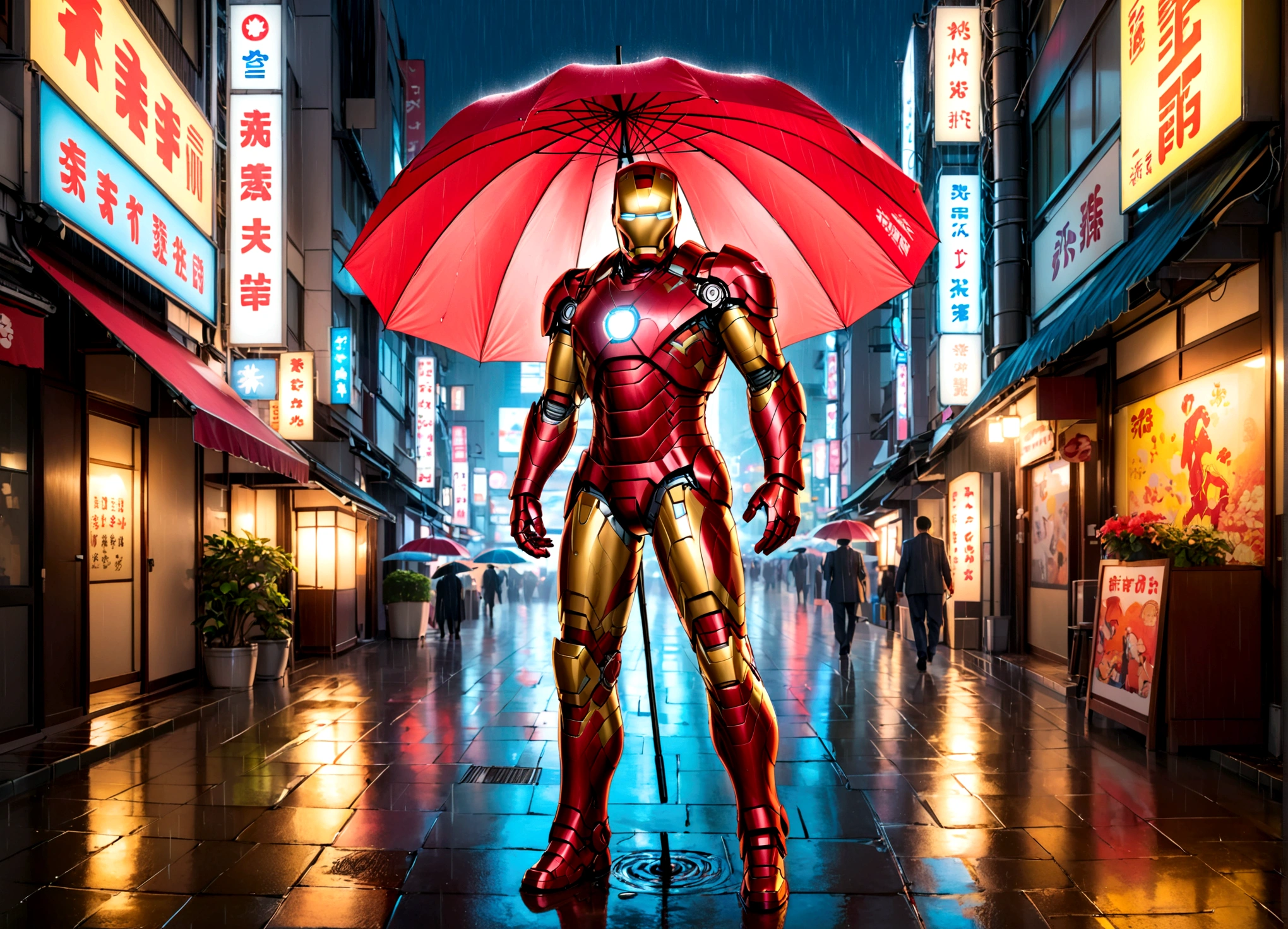 Iron Man has deployed a high hi-tech neon lit umbrella from his armor. Incredibly heavy rain. downtown tokyo
