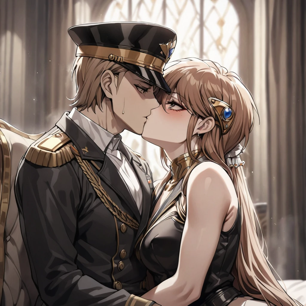 ((Highest quality)), ((masterpiece)), (detailed), （Perfect Face）、The woman is Princess Leona, with medium-long light brown hair, and is wearing a sexy black military uniform and cap for women. In a luxurious room, she is embraced by a strong, dignified, old, male general who is a villain, and as his lover, she embraces and kisses him, making love to him on the bed, and they have sex.、The woman has medium-long hair, is brainwashed, has no expression, and has no highlights in her eyes.