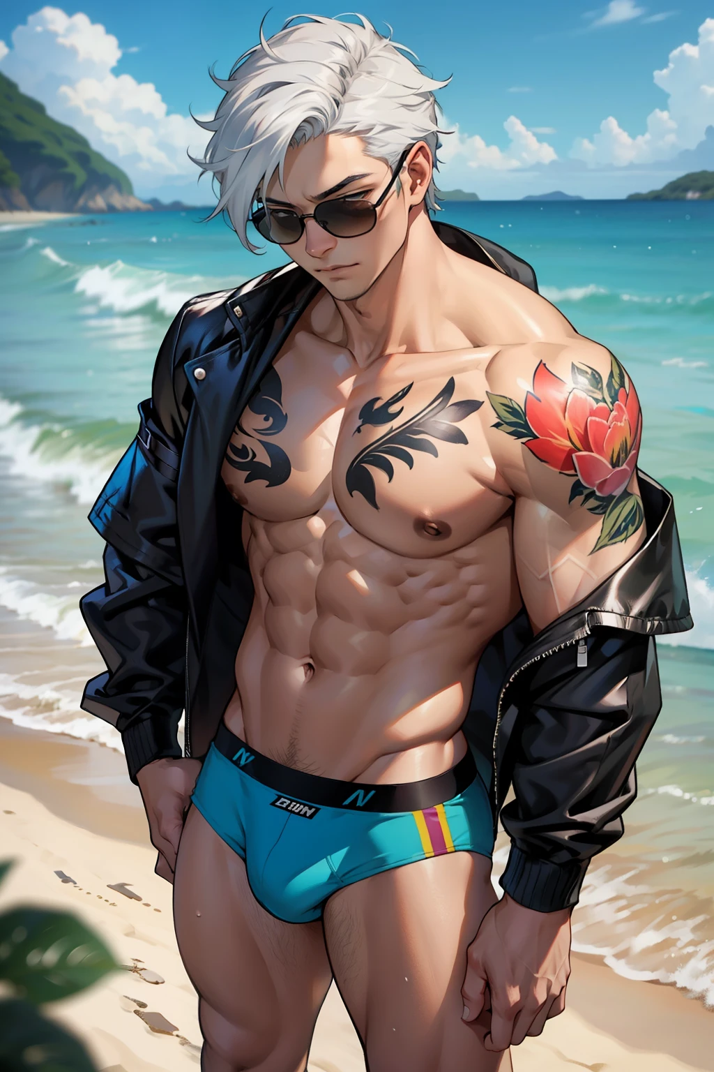 (เด็กชาย 1 คน,เป็นผู้ชาย),หนุ่มอนิเมะกล้ามโตในยิม, facial expression like masturbation, 1boy, bikini, Tight muscles, Broad shoulders, Handsome and old, Tiny underwear, Sexy, sex, Guy, Gay, Sea, jacket, sunglasses, boy, floral bikini, bright white hair, tight leg muscles, big Cook, Muscular anime guy, tattoo,