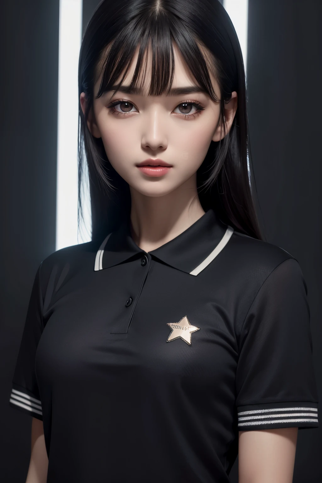1girl, star eye, blush, perfect illumination, unreal engine, sidelighting, detailed face, bangs, bright skin, simple background, dark background, half body
ware polo shirt wit sSs logo