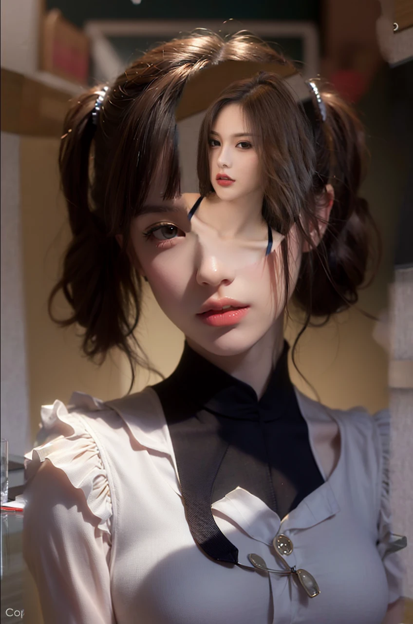 photorealistic, masterpiece, best quality, raw photo, 1girl, solo, long hair, brown hair, detailed face, alluring face, collared shirt, medium breasts, dynamic pose, looking at viewer, from below, detailed background, fine detailed, intricate detail, ray tracing, depth of field, low key, hdr