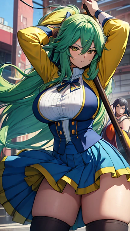 ANIME , high detailed
1 chunky girl, long hair, blue-green hair, yellow eyes, angry face, busty, round buson, gorgeous chunky body, yellow Sattela' clothes, Very large blue Long skirt, large hammer in hands, Dynamic action position, action pose