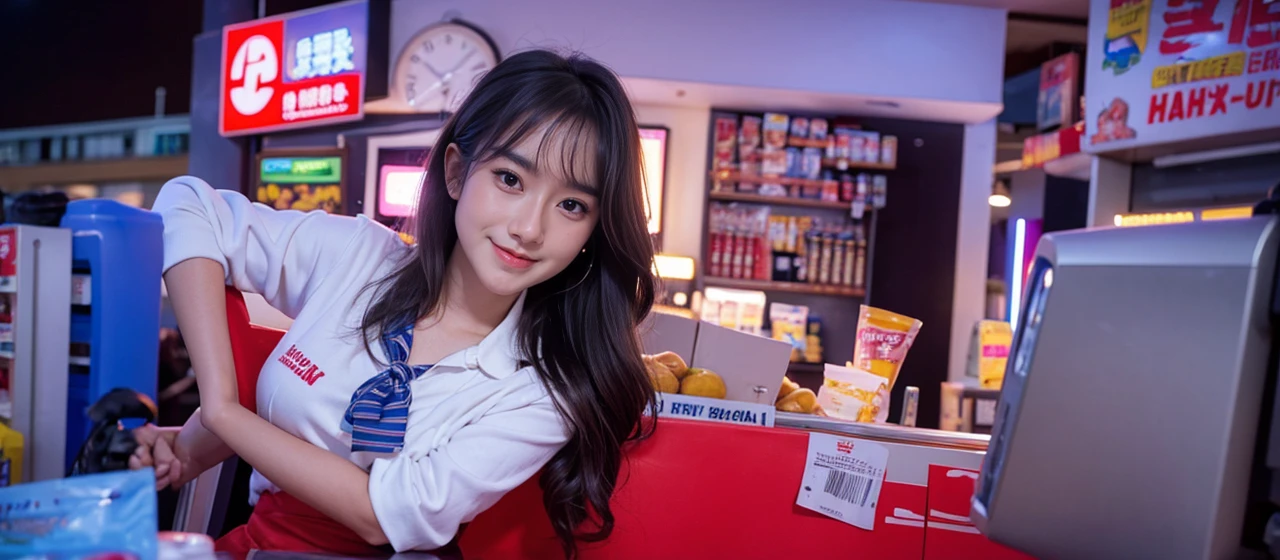 muste piece、High resolution、convenience store of the future、Convenience store clerk、26 year old female、1girl clerk、looking at the camera、smile、Finished as pictured、The cashier is also beautiful、Her skin is white and beautiful、long and beautiful hair、inner color、hair should be tied back、Clerk's uniform、