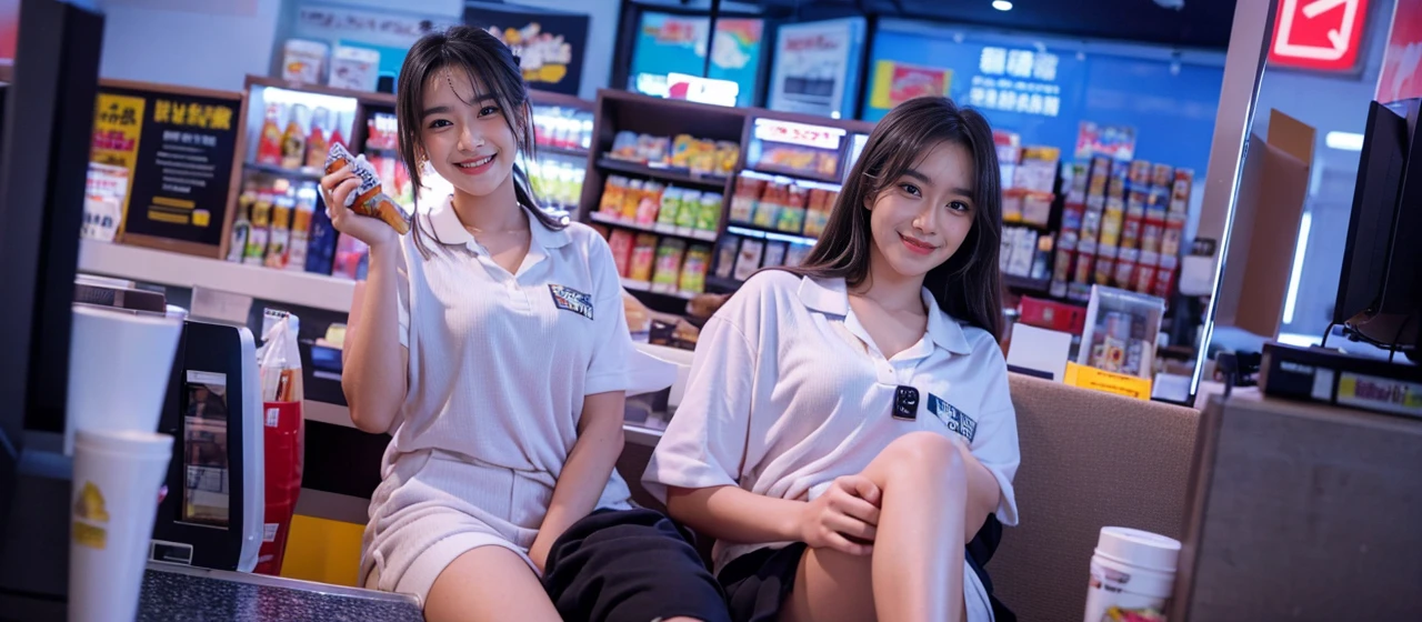 muste piece、High resolution、convenience store of the future、Convenience store clerk、26 year old female、１girl clerk、looking at the camera、smile、Finished as pictured、The cashier is also beautiful、Her skin is white and beautiful、long and beautiful hair、inner color、hair should be tied back、Clerk's uniform、