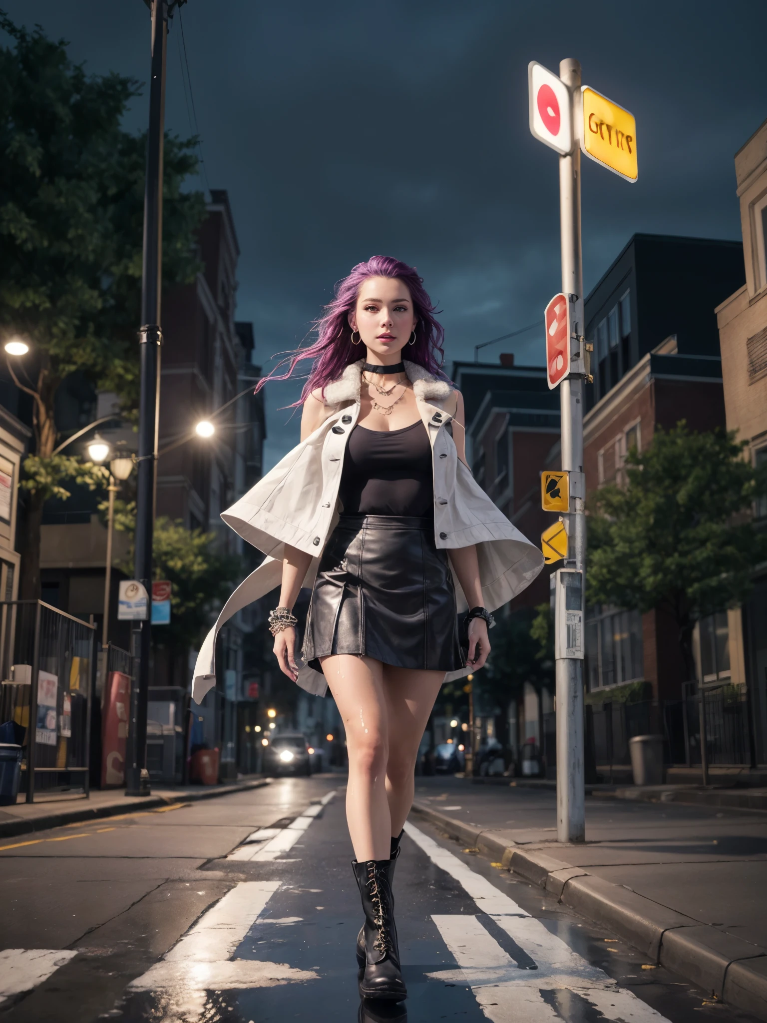 1girl, walking, outdoor, night, waffle house restaurant, wet street, BREAK, masterpiece, highest quality, highest details, high resolution, depth of field, pov, first person perspective, girl with thick eyebrows, expressiveless, long purple hair, hoop earring, bangle, ear studs, choker, delicate necklace, leather skirt, fur shawl, combat boots, looking at viewer, detailed face, cinematic lighting, volumetric light, (****, cute:1.2), (breasts:1.2),