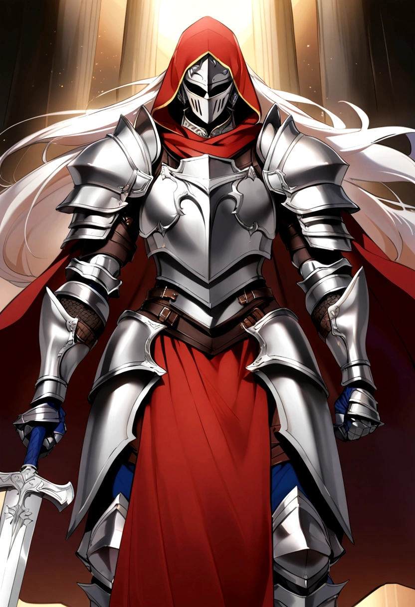 A male albino knight with long hair, wearing heavy armor with red hood carrying long swords