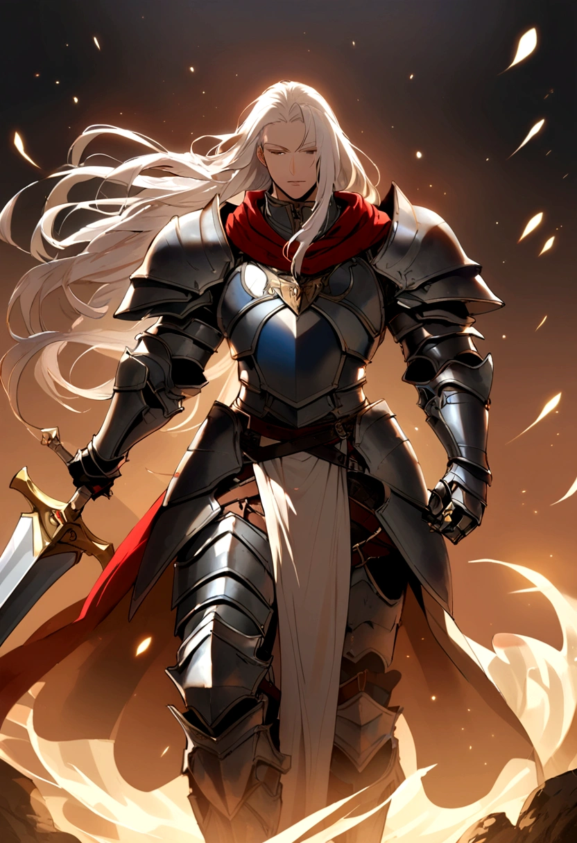 A male albino knight with long hair, wearing heavy armor with red hood carrying long swords