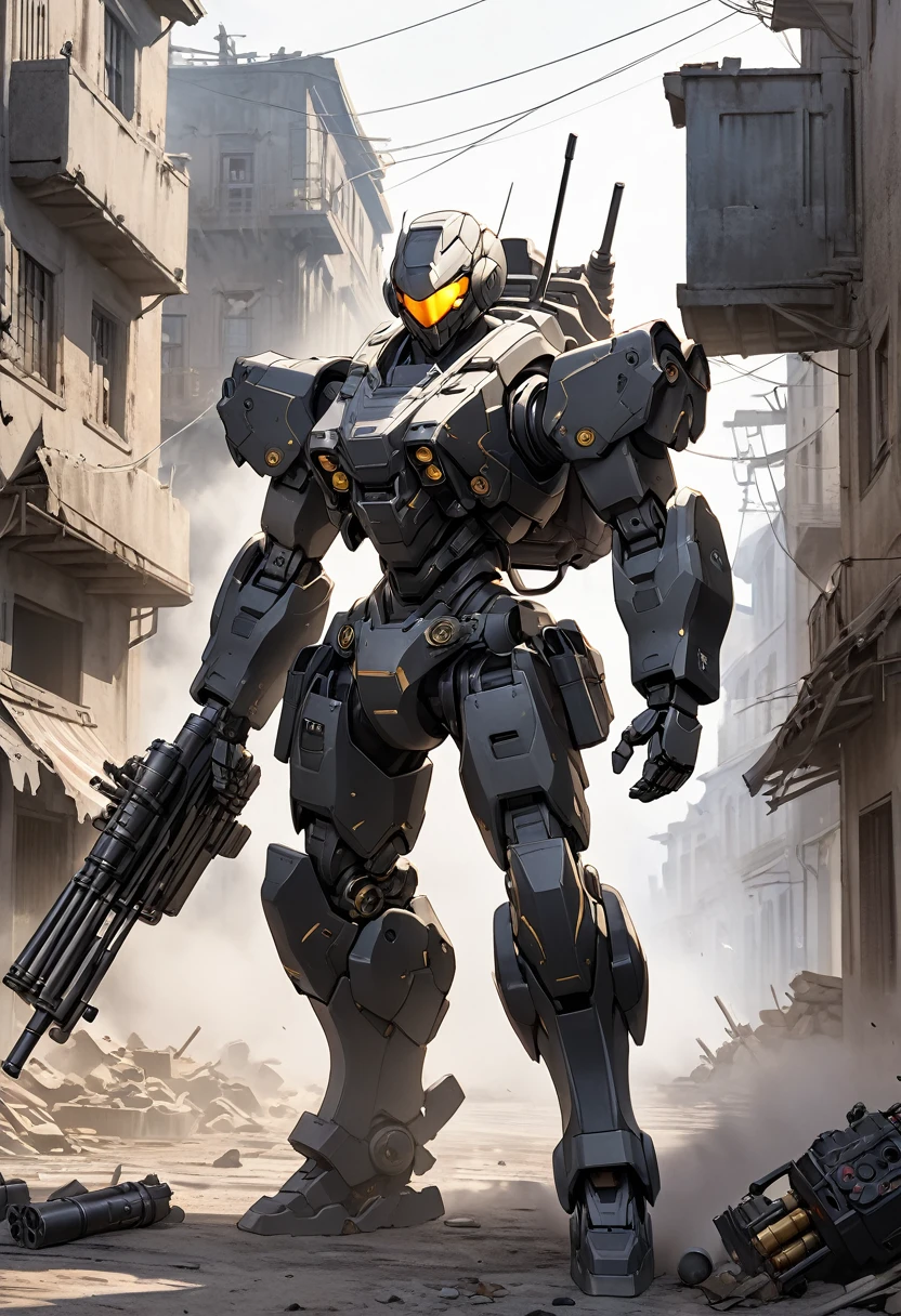 a humanoid military robot 2 meters tall with a helmet-shaped head and goggle mono-eye, detailed highly bullet-resistant reactive urban camouflage faded armor, backpack holding weapons and ammunition, (Gatling gun on one arm with bullet supply belt and empty cartridges1.2), ruined town background with fog, gunpowder and dust, tension, (best quality,4k,8k,highres,masterpiece:1.2),ultra-detailed,concept art,ultra-fine painting,movie-like lighting