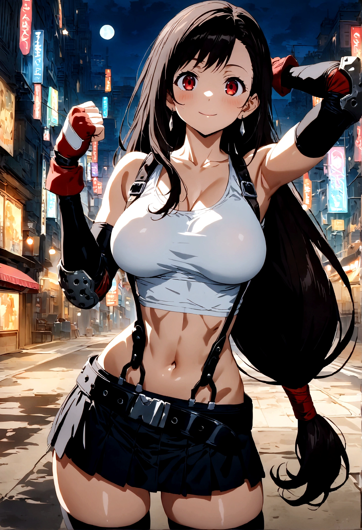 score_9, score_8_up, score_7_up,4k, ,BREAK , from front,from front,breast angle view,breast focus:1.5,standing,straight-on,(arm up,fist),(pantiesshot),(medium shot),looking_at_viewer ,1girl, tifa lockhart, final fantasy, tareme,black hair, low-tied long hair, red eyes, bangs, white tank top, belt, pleated skirt, thighhighs, elbow fingerless gloves, elbow pads, midriff, navel,suspender skirt ,large_breasts,(light smile),Curvy waist ,Solo,,(midnight and beachside and city),Toned,,detailed skin,(best quality),(aesthetic,very aesthetic),masterpiece, highres,4k,(ultra-detailed:1.4) (illustration:0.4), (ray tracing,:0.7),(anime colored:0.7),(ai-generated:0.5), (anime screencap:0.8),megami magazine